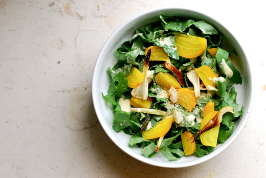 Kale Salad with Golden Beets, Green Garlic, and a Lime Vinaigrette