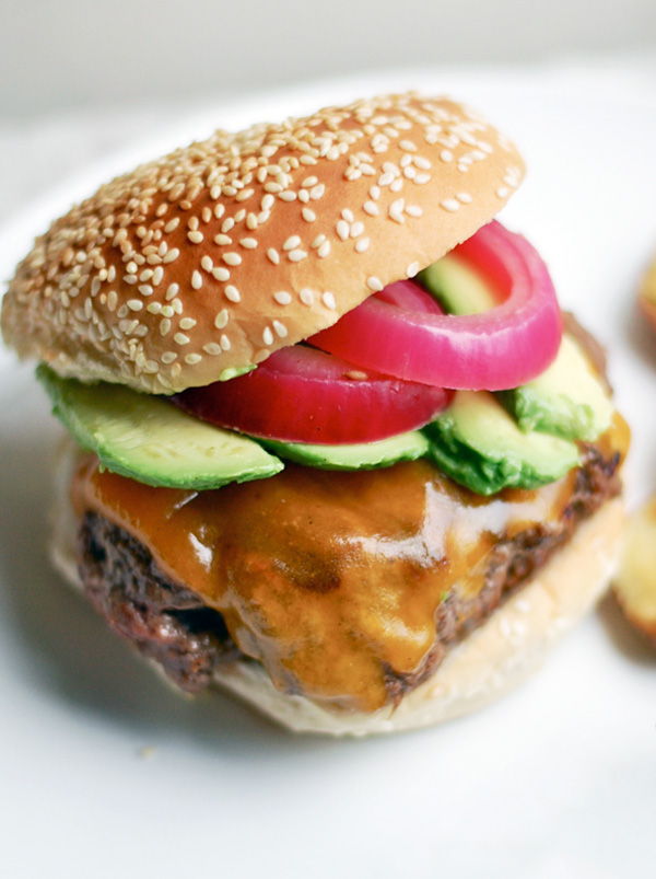 cheeseburgers with quick-pickled onions & avocado // brooklyn supper