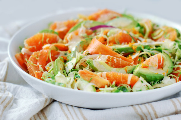 shaved brussels sprout and carrot salad with cara cara, avocado, and orange tahini dressing // brooklyn supper