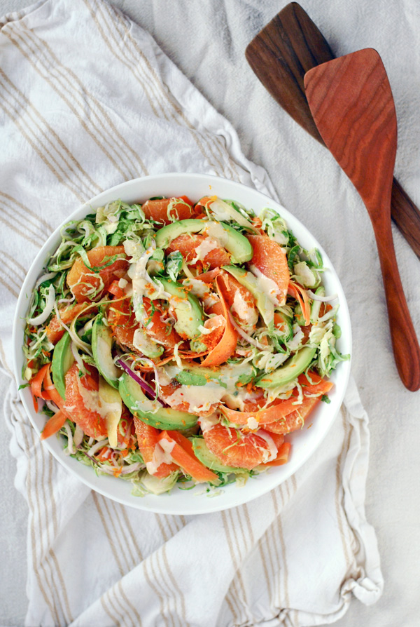 shaved brussels sprout and carrot salad with cara cara, avocado, and orange tahini dressing // brooklyn supper