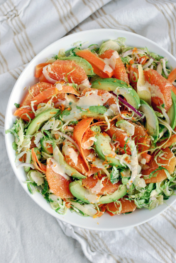 shaved brussels sprout and carrot salad with cara cara, avocado, and orange tahini dressing // brooklyn supper