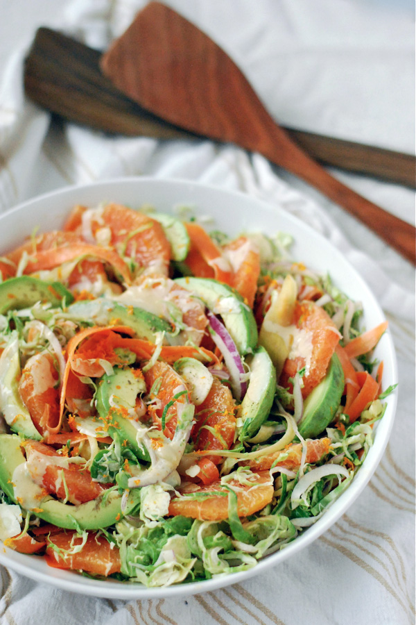 shaved brussels sprout and carrot salad with cara cara, avocado, and orange tahini dressing // brooklyn supper