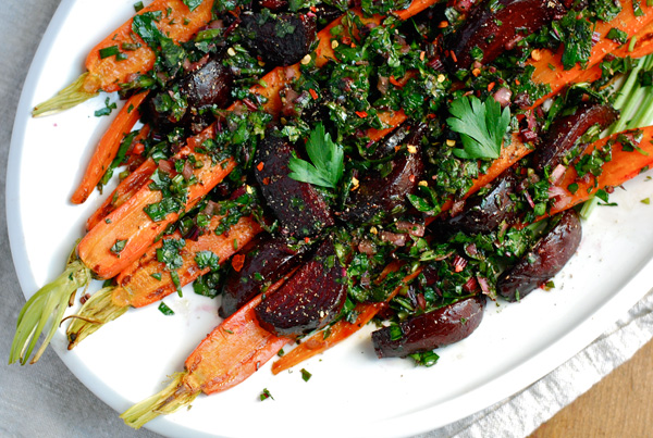 roasted beet and carrot salad with beet green salsa verde // brooklyn supper