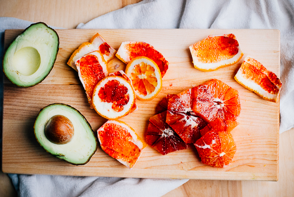 blood orange, avocado, and shaved fennel salad with saffron lemon dressing