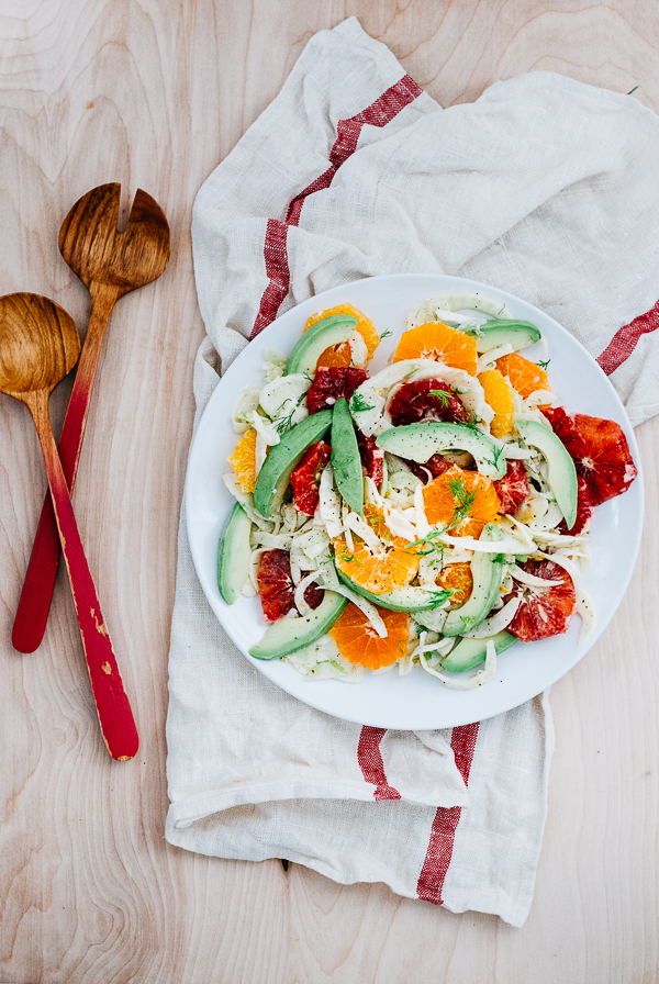 blood orange, avocado, and shaved fennel salad with saffron lemon dressing