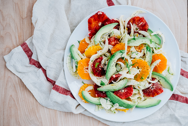 blood orange, avocado, and shaved fennel salad with saffron lemon dressing