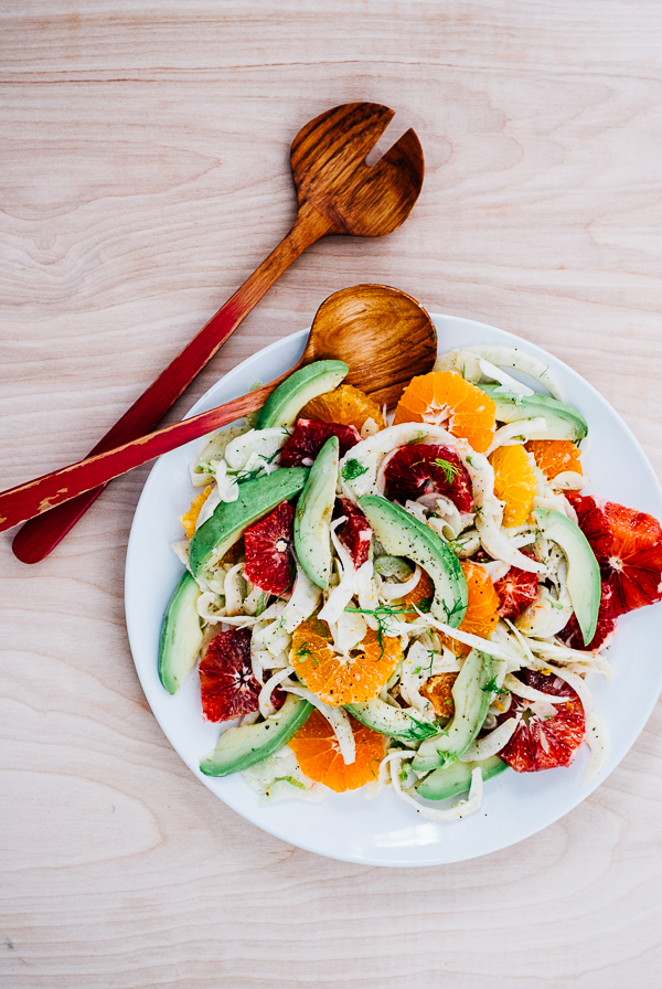 blood orange, avocado, and shaved fennel salad with saffron lemon dressing