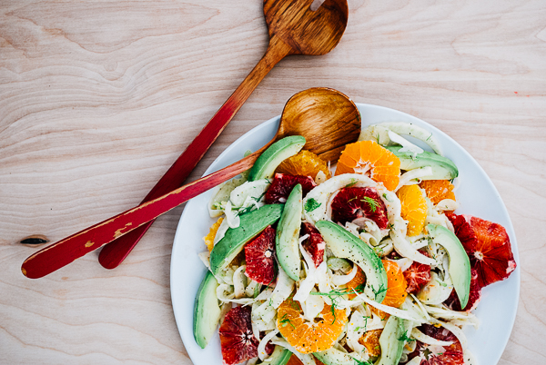 blood orange, avocado, and shaved fennel salad with saffron lemon dressing