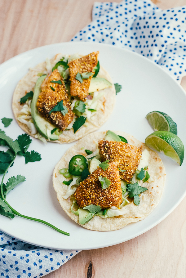 cornmeal-crusted fish tacos with lime crema // brooklyn supper