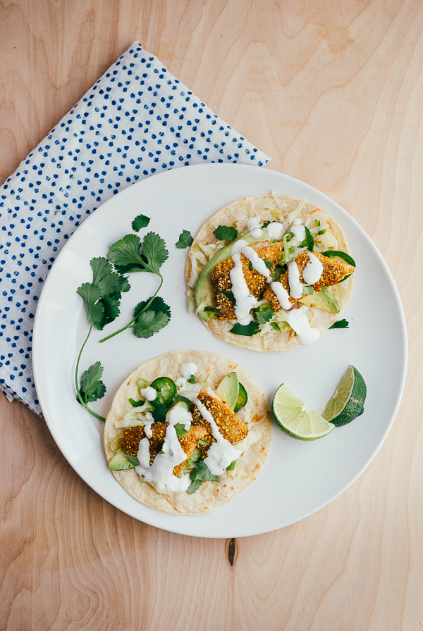 cornmeal-crusted fish tacos with lime crema // brooklyn supper