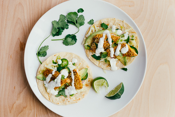 cornmeal-crusted fish tacos with lime crema // brooklyn supper