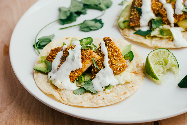 cornmeal-crusted fish tacos with lime crema // brooklyn supper