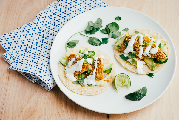 cornmeal-crusted fish tacos with lime crema // brooklyn supper