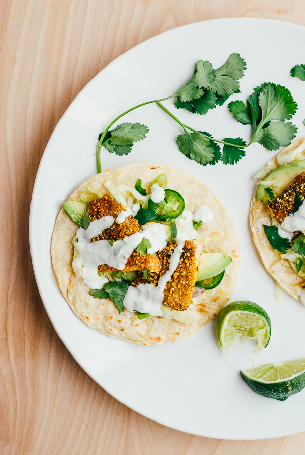 cornmeal-crusted fish tacos with lime crema // brooklyn supper