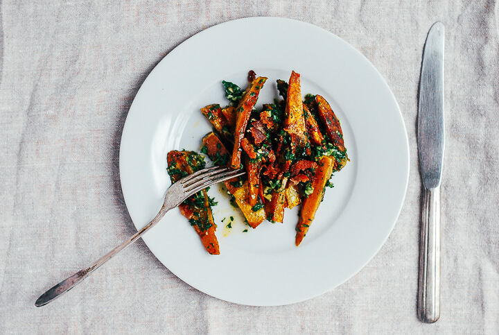 roasted sweet potato wedges with chimichurri and bacon // brooklyn supper