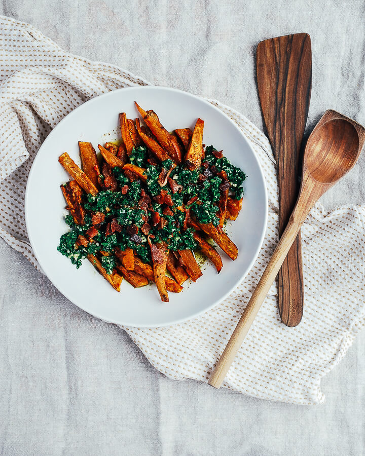 roasted sweet potato wedges with chimichurri and bacon // brooklyn supper