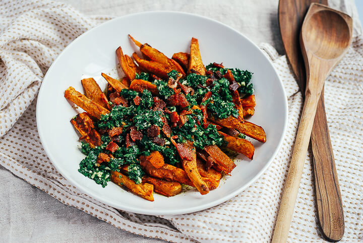 roasted sweet potato wedges with chimichurri and bacon // brooklyn supper
