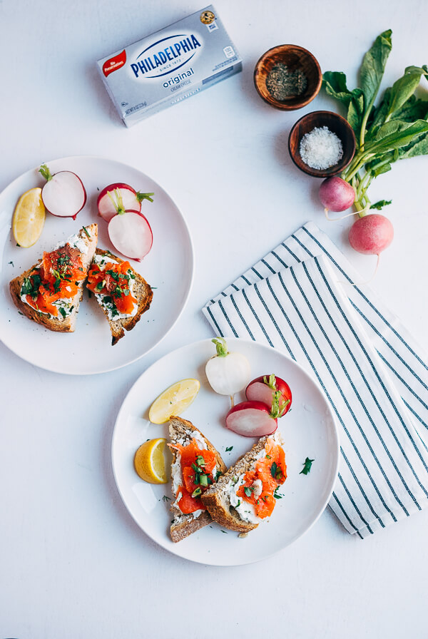 Open Rye Sandwich with Smoked Salmon, Herb Cream Cheese and