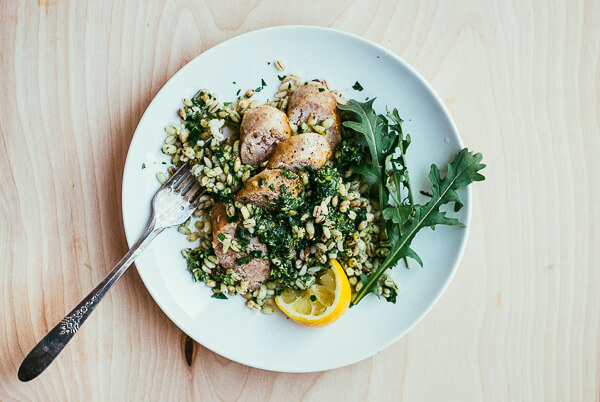 toasted barley with arugula pesto and sausage coins // brooklyn supper