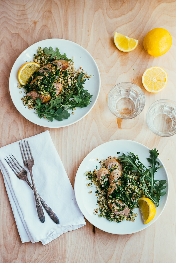 toasted barley with arugula pesto and sausage coins // brooklyn supper