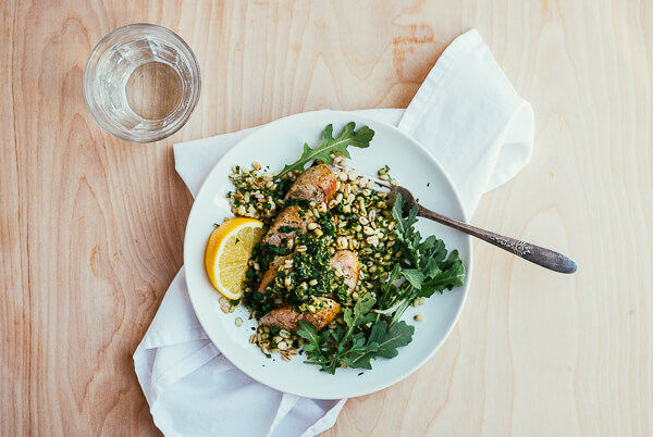 toasted barley with arugula pesto and sausage coins // brooklyn supper