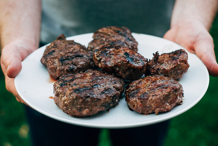 grass-fed burgers with quick-pickled shallots and chive blossoms // brooklyn supper