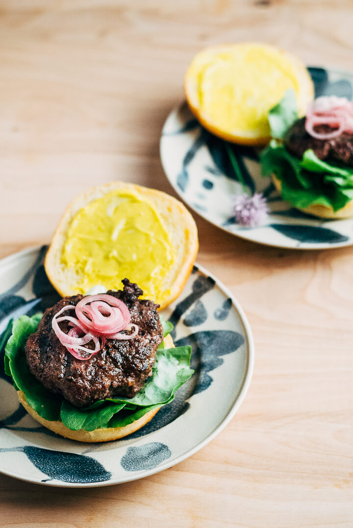 grass-fed burgers with quick-pickled shallots and chive blossoms // brooklyn supper