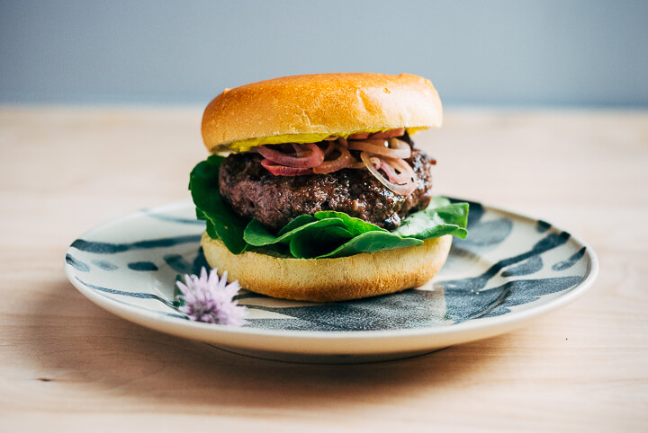 grass-fed burgers with quick-pickled shallots and chive blossoms // brooklyn supper