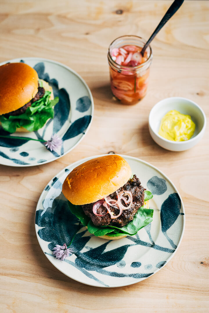 grass-fed burgers with quick-pickled shallots and chive blossoms // brooklyn supper