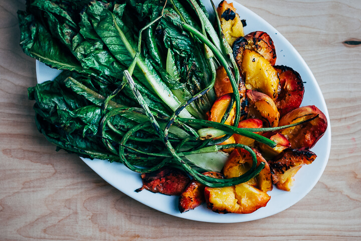 grilled steak salad with garlic scapes and peaches // brooklyn supper