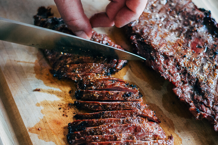 grilled steak salad with garlic scapes and peaches // brooklyn supper