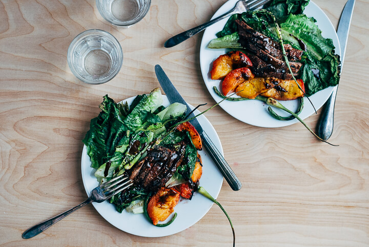 grilled steak salad with garlic scapes and peaches // brooklyn supper