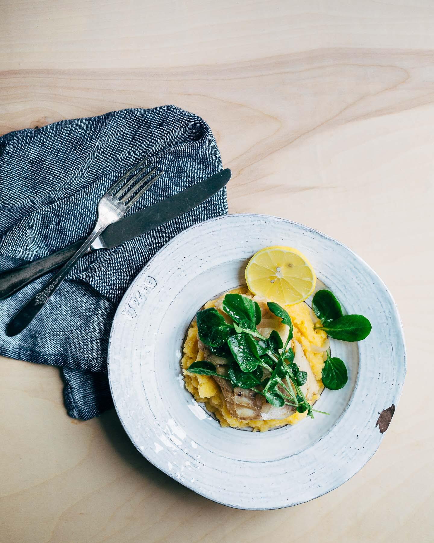 poached cod with rutabaga puree and watercress // brooklyn supper