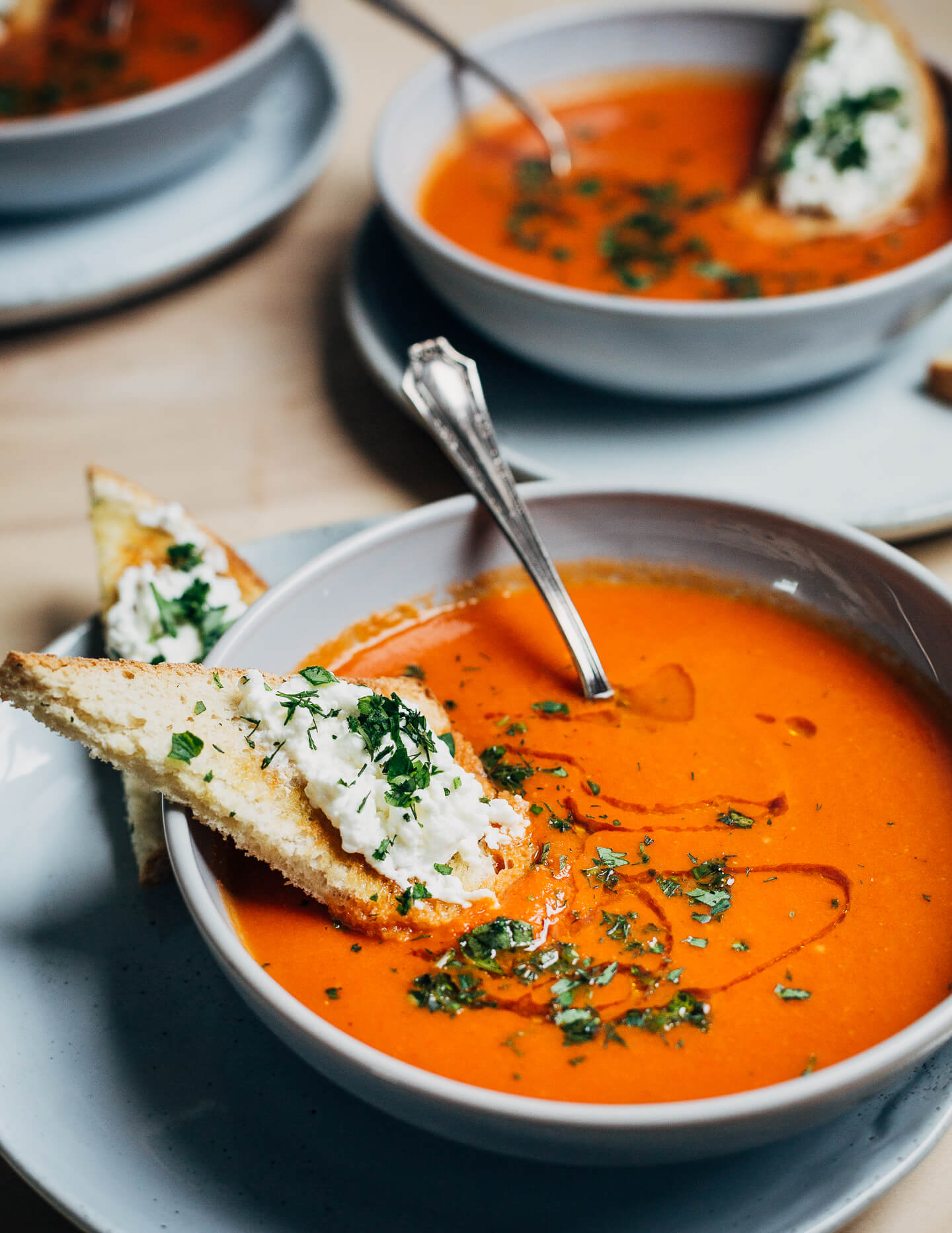 Roasted tomato soup, served with goat cheese toasts. 