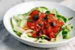Simple, yet intensely flavorful sausage marinara is balanced beautifully by tender zucchini noodles.