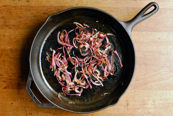 A skillet with caramelized onions