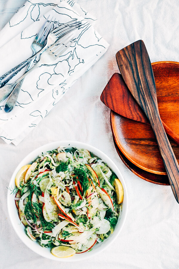 A deliciously refreshing shaved fennel and Brussels sprout salad tossed with sweet apples.