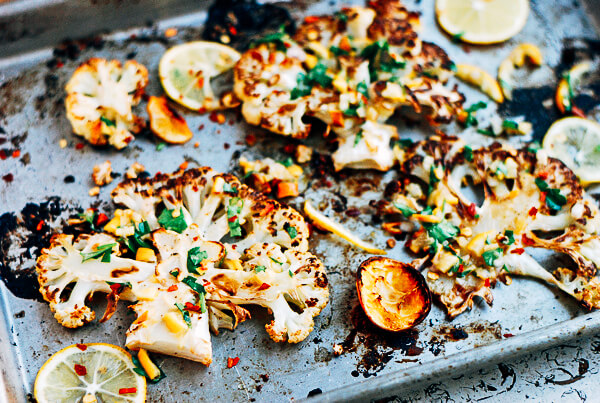 Hearty roasted cauliflower steaks served with a piquant Meyer lemon relish made with shallots and fresh herbs. 