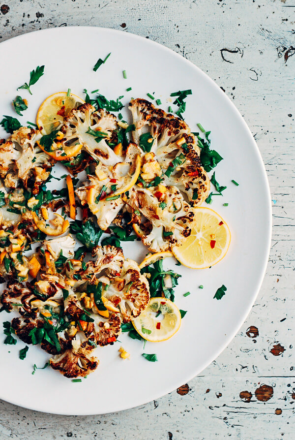 Hearty roasted cauliflower steaks served with a piquant Meyer lemon relish made with shallots and fresh herbs. 