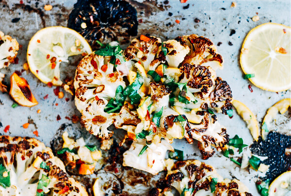 Hearty roasted cauliflower steaks served with a piquant Meyer lemon relish made with shallots and fresh herbs. 