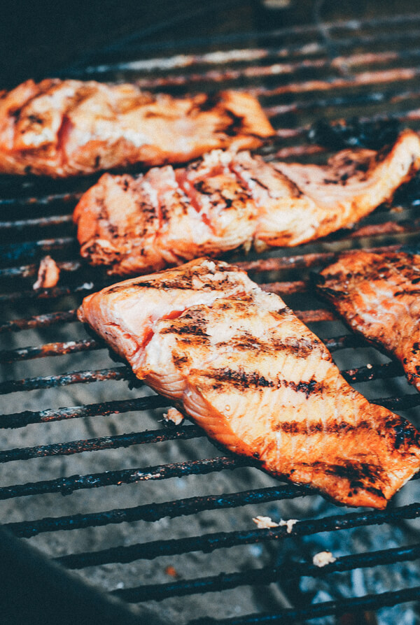 Salmon fillets on a grill