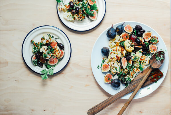 A roasted cauliflower salad recipe with fresh figs, Kalamata olives, and a bright chimichurri sauce.