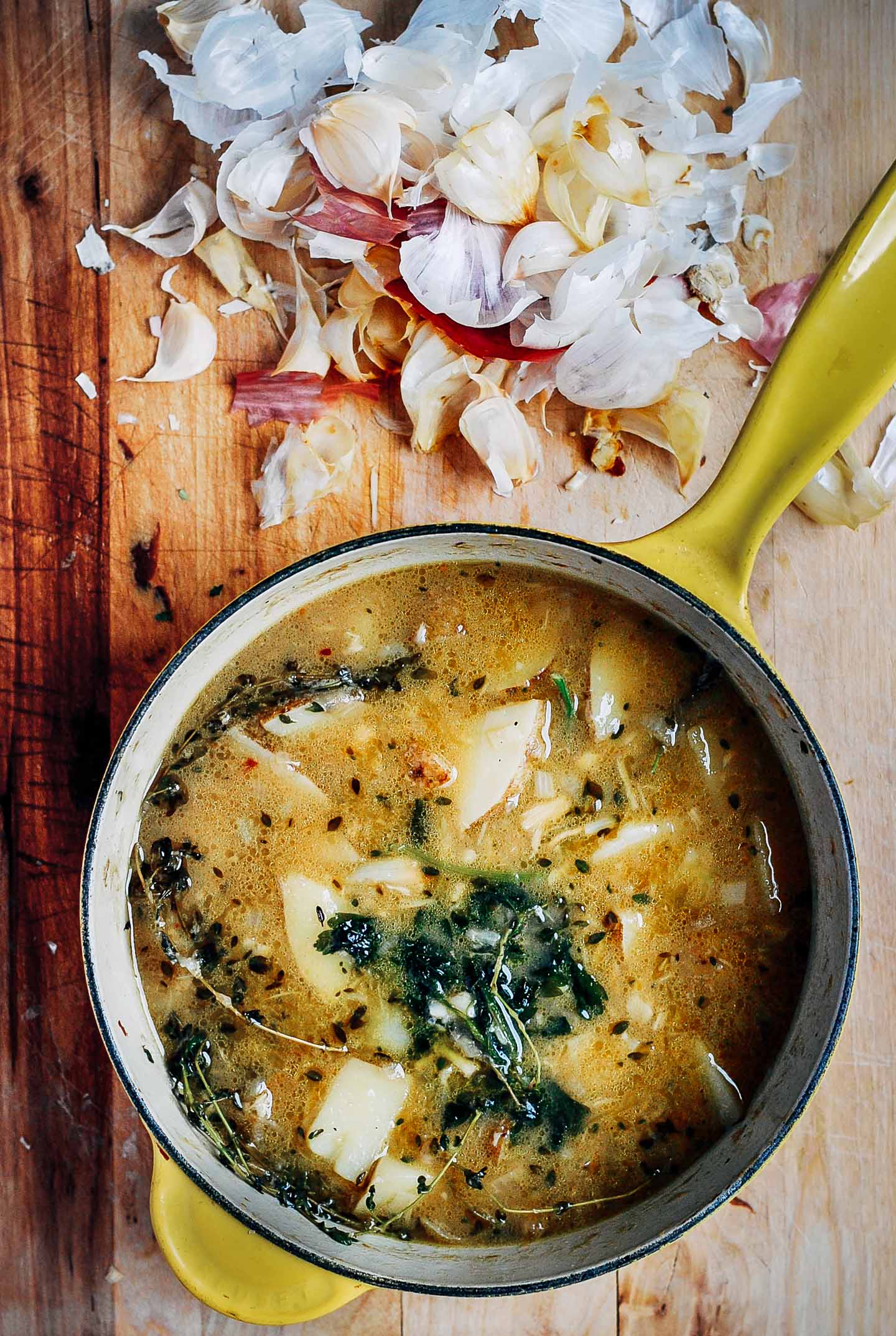 Making homemade garlic soup.