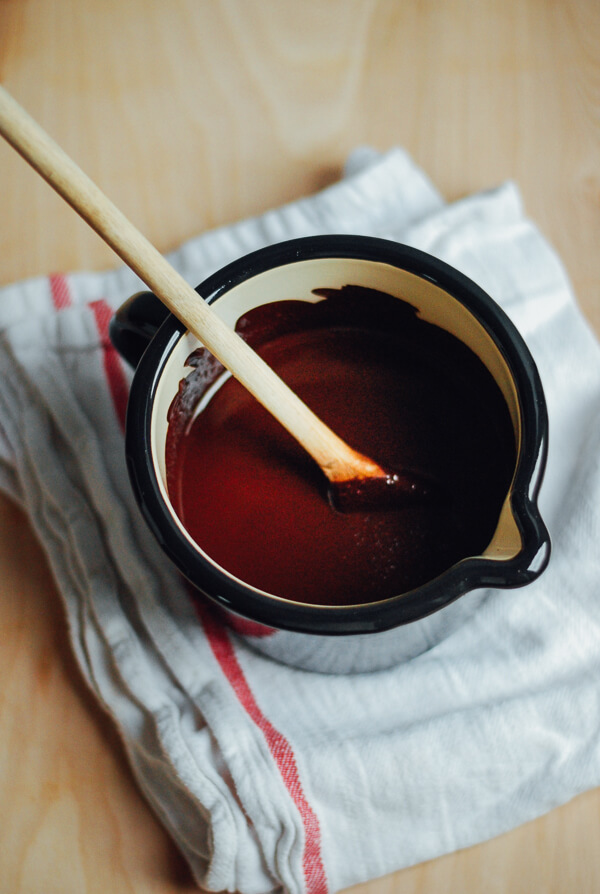 Melted chocolate in an enamel pot. 