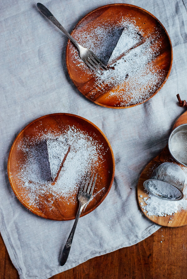 Slices of chocolate cake topped with powdered sugar, viewed from overhead. 