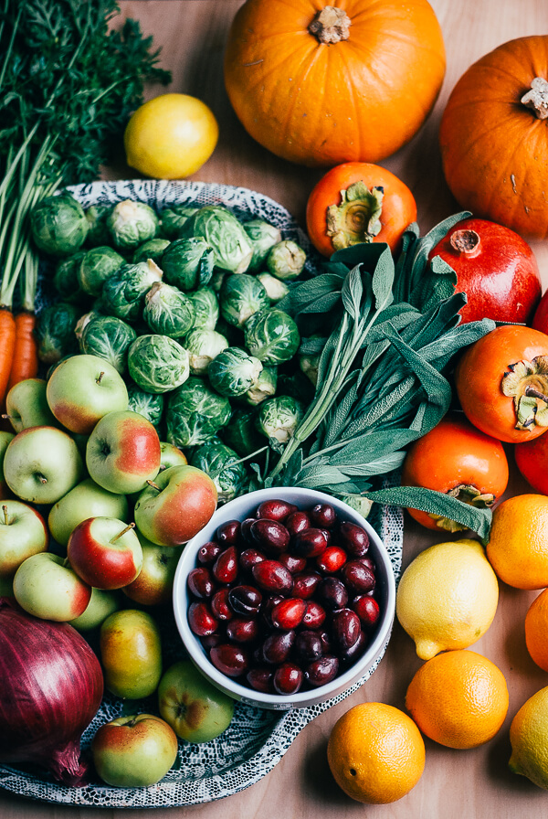 A arrangement of seasonal late fall produce for Thanksgiving. 