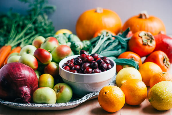 A arrangement of seasonal late fall produce for Thanksgiving. 