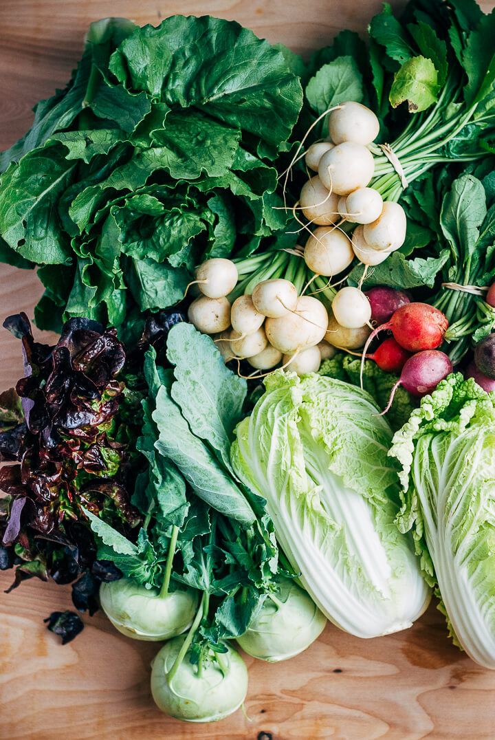 A weekly spring produce guide to what’s in season at farmers’ markets and in CSA shares in the Mid-Atlantic region (and lots of other places). This week, we have strawberries, Hakurei turnips, and kohlrabi. 