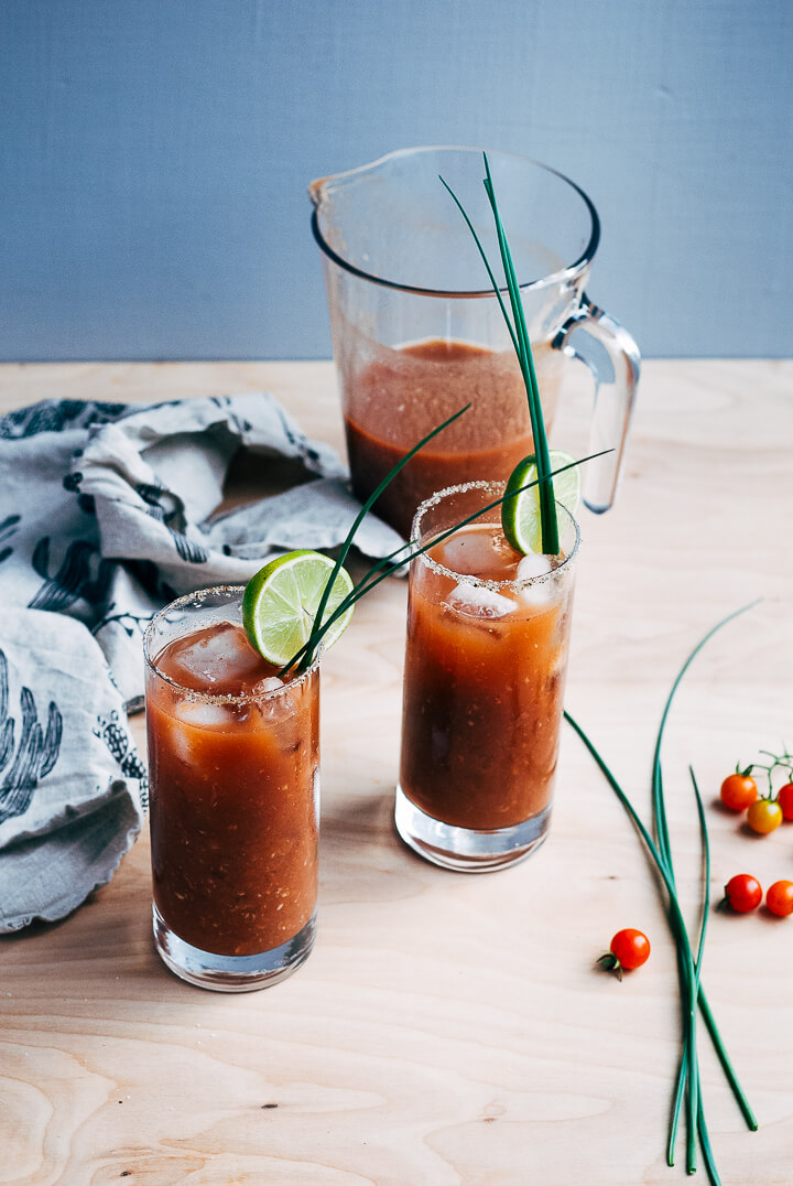 These fresh tomato Bloody Maria cocktails are great in a pitcher or as a batch cocktail.