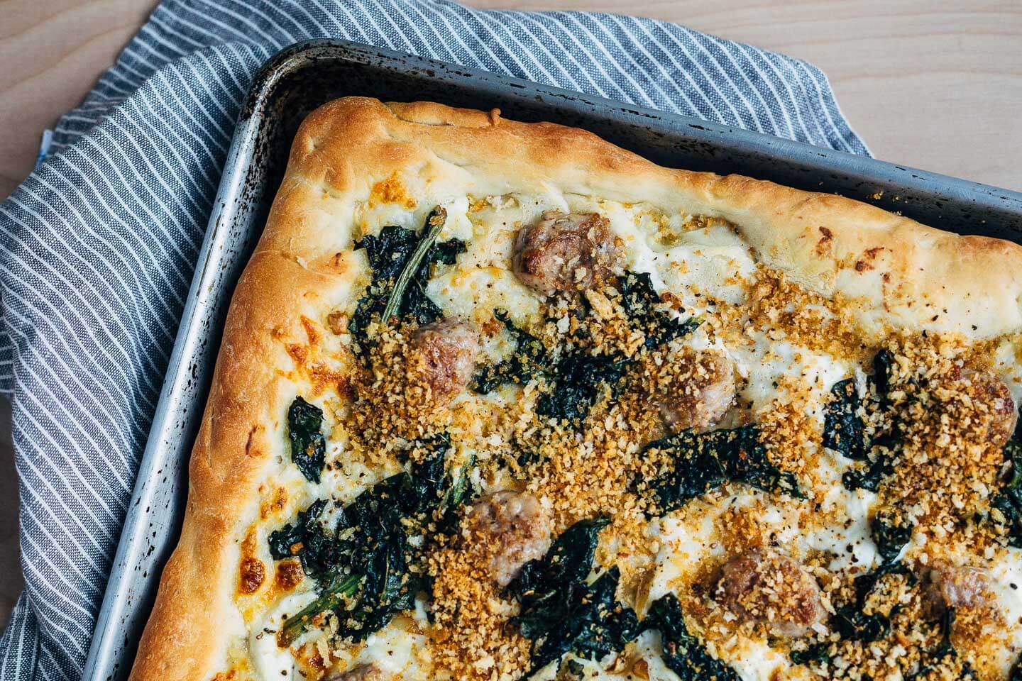 sausage and greens grandma-style pizza with toasted breadcrumbs // brooklyn supper